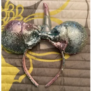 NWOT Disney Parks Unicorn Horn pastel rainbow-colored sequins bow Headband Ears thumbnail 1
