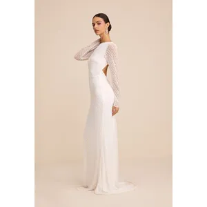 Lulus Mariani White Sequin Beaded Backless Long Sleeve Maxi Dress Medium NWT thumbnail 4