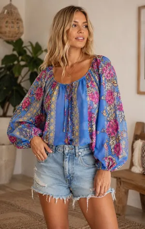 Free People Elena Sapphire Combo Blue Floral Boho Peasant Balloon Sleeve Top thumbnail 1