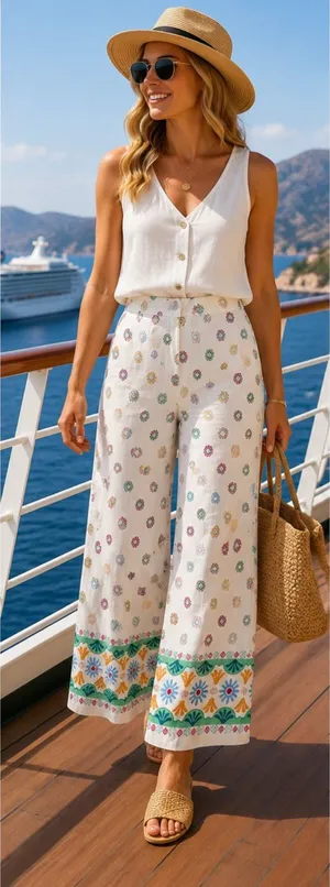 Maison d'Amélie Wide Leg Ankle Cropped Pants Floral Border Pockets Size M 💛🍄 thumbnail 1
