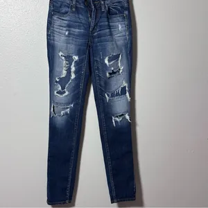 American Eagle Women Denim Blue Destroy Jeans jeggings size‎ 00 thumbnail 2