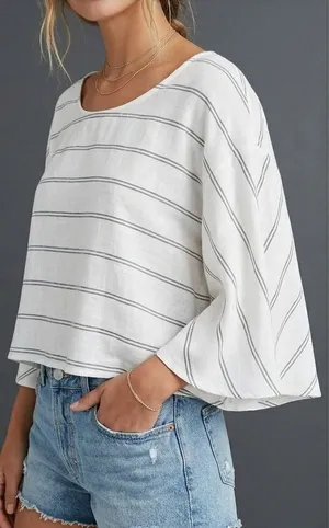 VICI Crop Top Womens XS White Striped Tie Back‎ Boho Flowy Bell Sleeve Blouse thumbnail 1