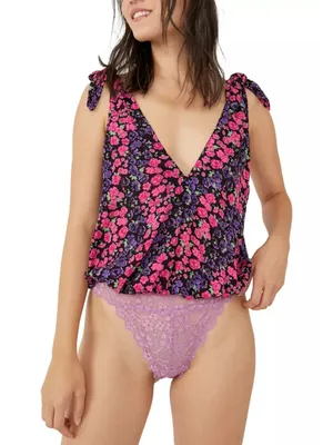 Free People Intimately Purple Floral Bare It All V-neck Tie Straps Bodysuit S thumbnail 1