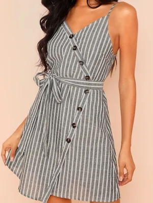 ✨ Button Detail Self Belted Overlap Striped Dress✨ Gray Size L thumbnail 1