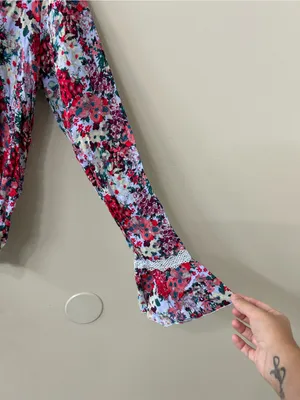 Free People Heat Wave Bodysuit Rose Garden Floral Long bell sleeve Sz S thumbnail 7
