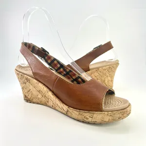 Crocs A-Leigh Brown Leather Cork Wedge Sandals Slingback Peep Toe Comfort Size 8 thumbnail 8