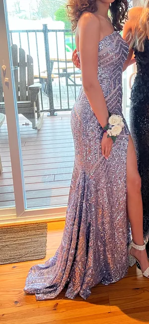 Jovani Chevron Sequin Strapless High Slit Gown thumbnail 5