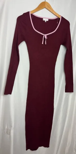Ribbed Long Sleeve Bodycon Dress in Burgundy with Pink Trim Small NWT thumbnail 1