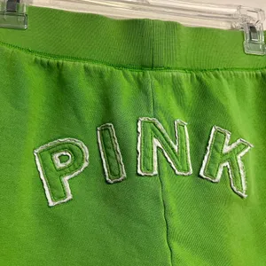 Y2K Victoria's Secret PINK Sweat Shorts Green Logo Cut Off Women Size M thumbnail 5
