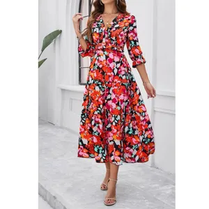 Floral Ruffle Trim A Line Dress Midi Length Boutique Dress Side Slit in Multi thumbnail 2