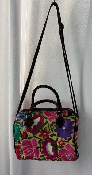 Floral Tapestry Mexican Embroidered Tapestry Bag Bright Colors BOHO EUC thumbnail 1