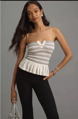 Maeve/ Anthropologie Smocked Split Tube Top white with ruffle hem black smocking thumbnail 2