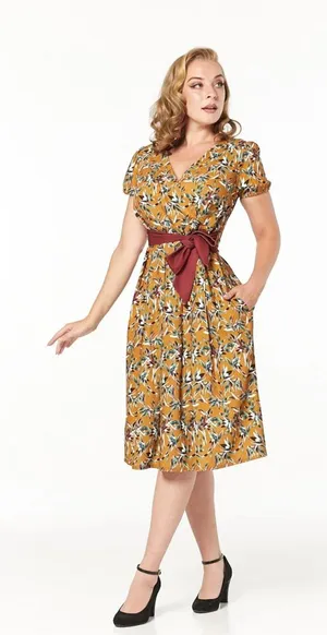 Timeless London 50's Caramel Brown Tropical Leaf Print Short Sleeve Pinup Dress thumbnail 1