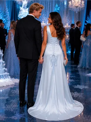 #225 Pale blue satin gown V-Neck Pleated Side Slit A-line Dress-XL/Size 14/16 thumbnail 3