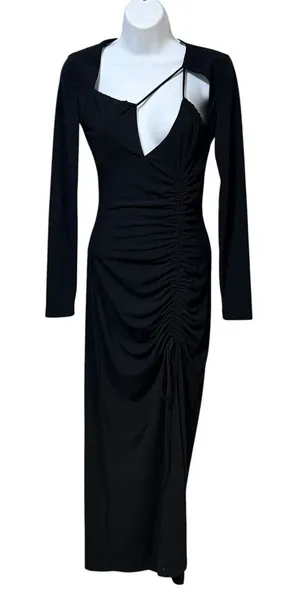 Zara Womens Black Cutout Ruched Long Sleeve Maxi Dress XS Asymmetric Neckline thumbnail 1