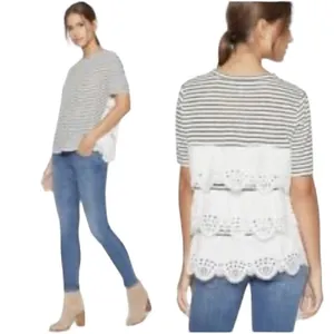 Joie Linen Eyelet Nautical Striped Cottage Scalloped Tiered Short Sleeve Top S thumbnail 4