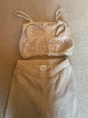 Pink Rose Crochet Knit Bralette and Lounge Pants Set in Cream thumbnail 2