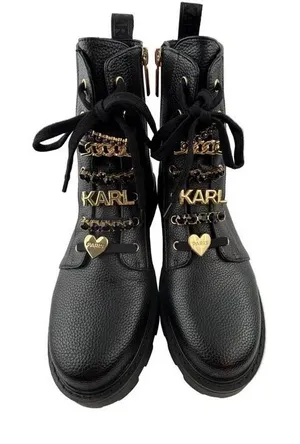 Karl Lagerfeld Paris Womens Black Leather Combat Boots Gold Charms Lug‎ Sole thumbnail 1