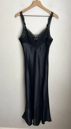 Victoria’s Secret Vintage Gold Label Gothic Satin Lace Slip Dress Black Medium thumbnail 2