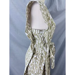 MIRTH‎ Olive Block Print Cotton Midi Dress Kantha Stitch Integrated Belt L thumbnail 3