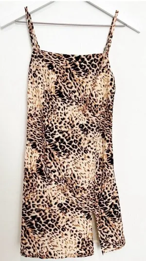 Beginning Boutique Dress Size 2 Brown Leopard Slit Square Neck Mini‎ Maximalism thumbnail 1