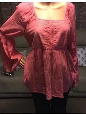 Red Camel Coral Square-Neck Peasant Blouse with Bell Sleeves thumbnail 5