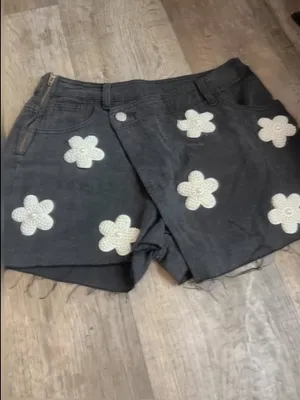 POL black denim skort features distinctive pearl-embellished flower details thumbnail 5