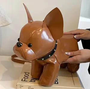Nwot brown vegan leather French bull dog puppy purse unique dog bag crossbody thumbnail 1