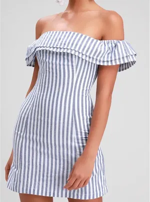 NWT Lulus Size Small‎ Seaside Skipper Blue Striped Off-The-Shoulder Mini Dress thumbnail 1
