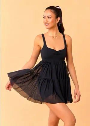 Blogilates Black XS Babydoll Mini Dress Mesh Ruffle with built in shorts pockets thumbnail 1