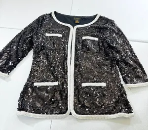 IMAN Sz M Sparkling Black Sequin‎ Embellished Jacket with White Trim 3/4 Sleev thumbnail 1