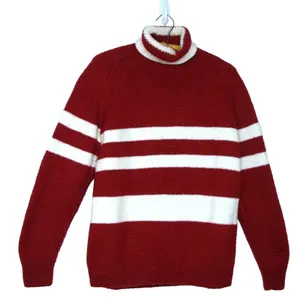 Handmade Hand Knit Pullover Sweater Turtleneck Size Med Crochet Warm Striped Vtg thumbnail 1