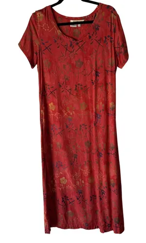 Norm Thompson Dress Vintage 90s Small Red Floral 100% Rayon Short Sleeve Maxi‎ thumbnail 1