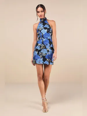 Lulus Extraordinary Impression Black Floral Jacquard Halter Mini Dress Large NWT thumbnail 3