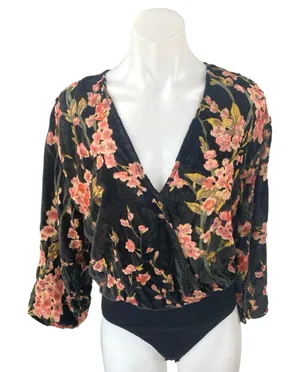 Honey Belle Multicolor Velvet Velour Floral Faux Wrap Long Sleeve Blouse Top M thumbnail 1
