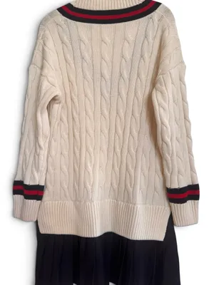 English Factory Cream Cable Knit V-Neck Sweater with Navy and Red Trim thumbnail 2