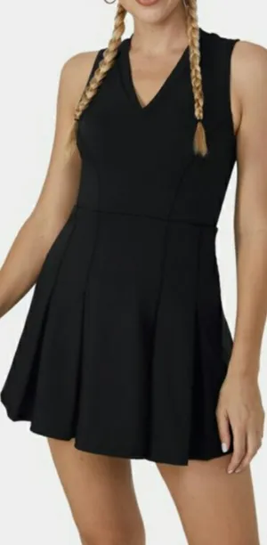Halara V Neck Sleeveless Side Zipper Pleated Mini Golf Dress Black Small thumbnail 1