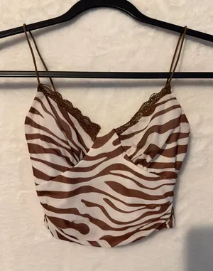 Princess Polly Zebra Print Lace‎ Trim Crop Top Brown White Camisole Size 0 thumbnail 1