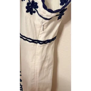 Boden Shift Dress Sz 16 Ivory Navy Blue Embroidered Linen V-Neck Boho Vacation thumbnail 8