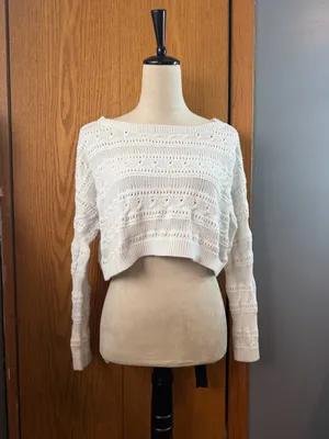 Hollister White Cropped Pointelle Open Knit Sweater Top Size Small thumbnail 2