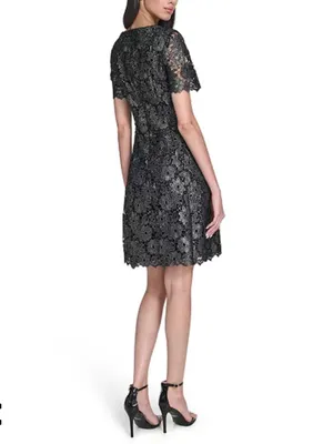Eliza J Petite Black and Silver Square Neck Lace Fit and Flare Dress Size 10 P thumbnail 5
