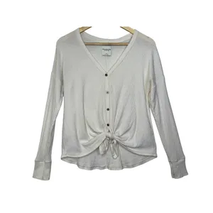 Abercrombie & Fitch Soft AF Cozy Cream Ribbed Knit Tie Front V-Neck Sweater Sz S thumbnail 3
