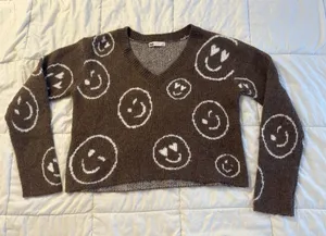 SO Brown V-Neck Sweater Knit Cozy Smiley Face Print Y2K 90s Grunge Kidcore Retro thumbnail 1