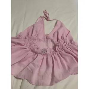 UUE Pink Halter Babydoll Top Open Back Flowy Ruffle Blouse Size XL thumbnail 4
