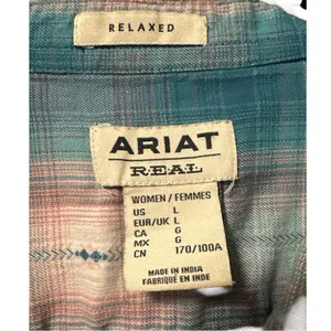 Ariat REAL Women’s Relaxed Plaid Western Shirt L 100% Cotton Teal Pink Button thumbnail 2