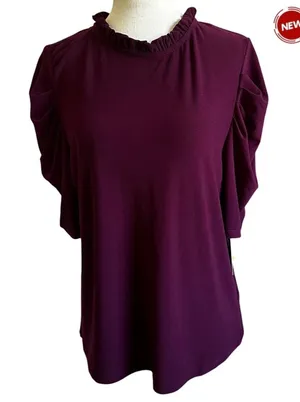 CeCe Women Plum Ruffle Mock Neck Puff Short Sleeve Blouse Top Size L NWT | 0207 thumbnail 1