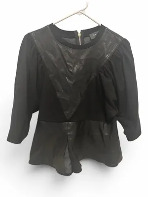 Gracia Black Mixed-Material Puff Sleeve Top with Faux Leather Insets thumbnail 1