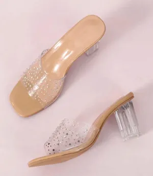 Beige Tan Neutral Rhinestone Block Heels Kitten Mules thumbnail 1