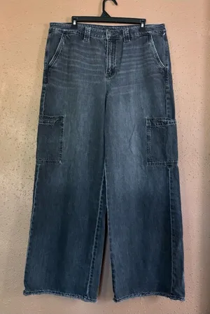 American Eagle Wide Leg Cargo Jeans Black High Rise Raw Hem 16 Long thumbnail 1