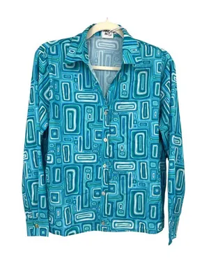Princess Polly Electric Vibe Retro Blue Geometric Button-Up Shirt Size 4 NWT thumbnail 1